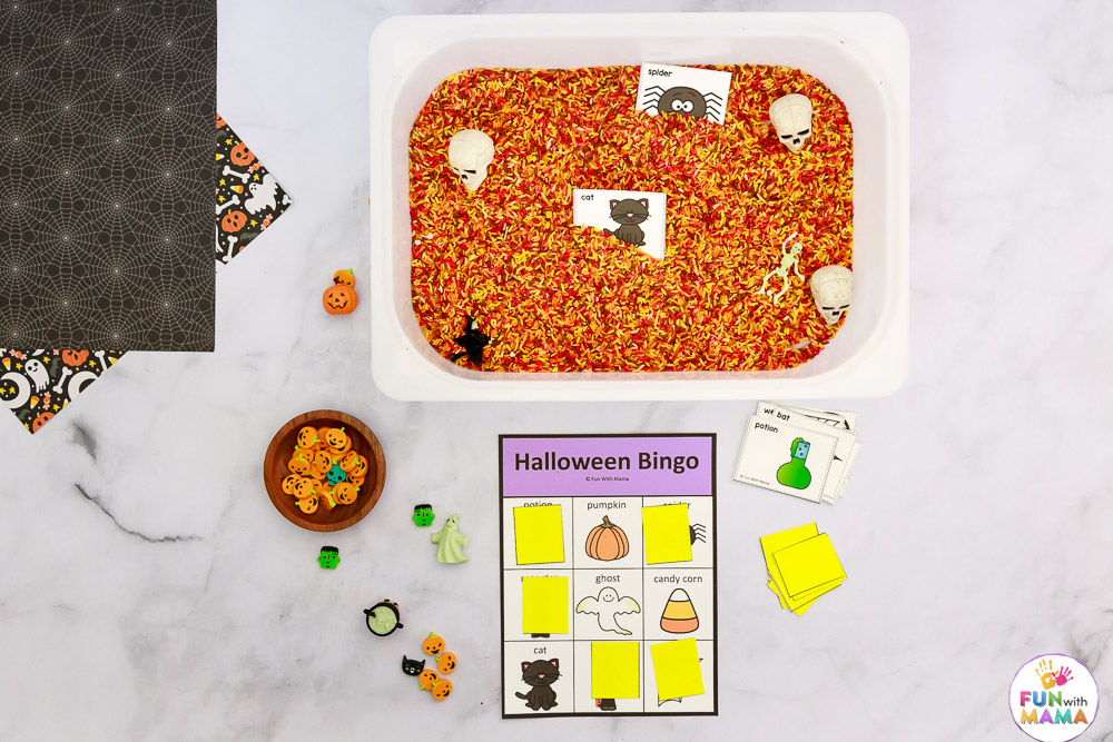Hallowedn sensory bin and Halloween Bingo card 