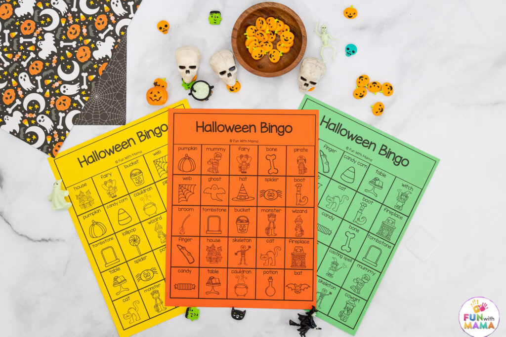 yellow orange and green printed halloween bingo cards 