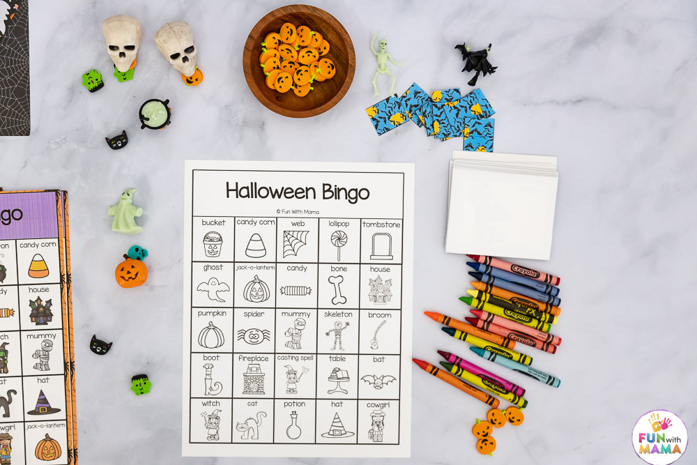 black and white bingo cards with crayons 