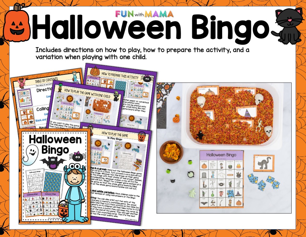 Halloween bingo directions and fun sensory bin 