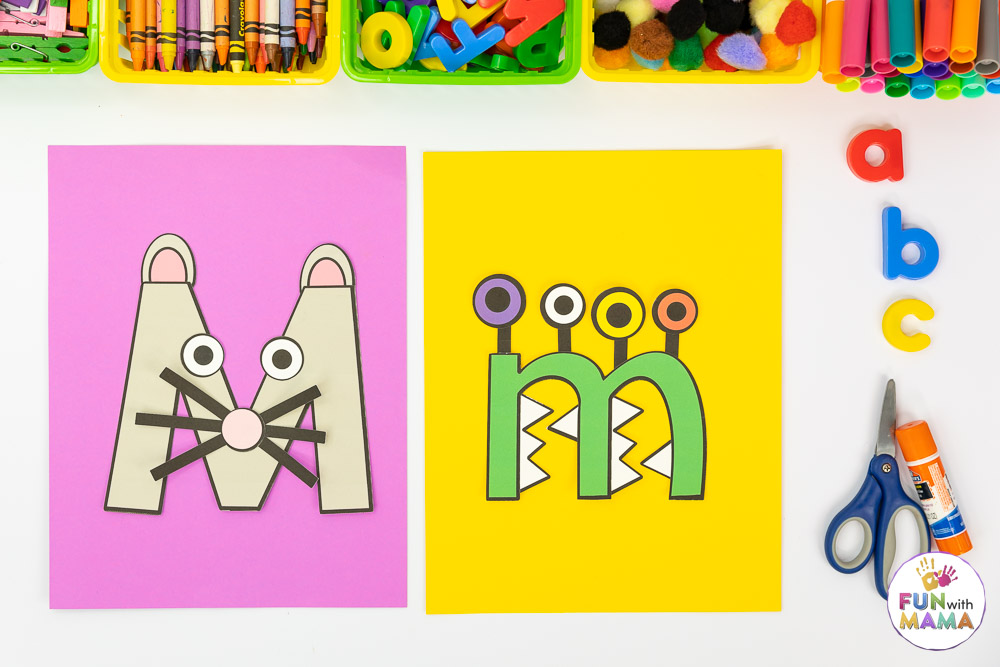 letter m craft showing a mouse and monster