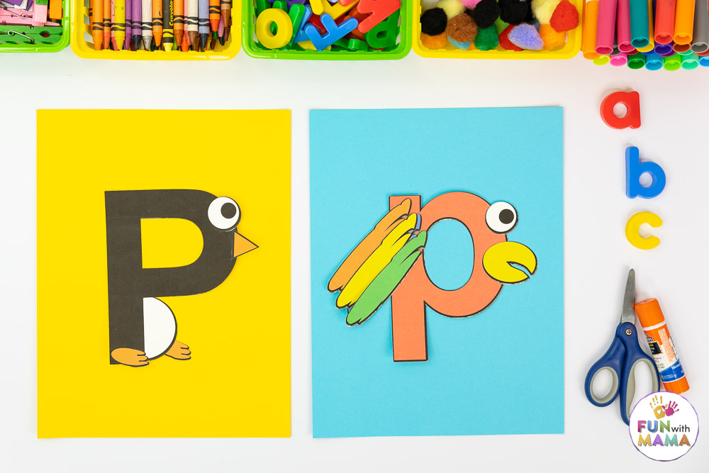 letter p craft showing a parrot and penguin