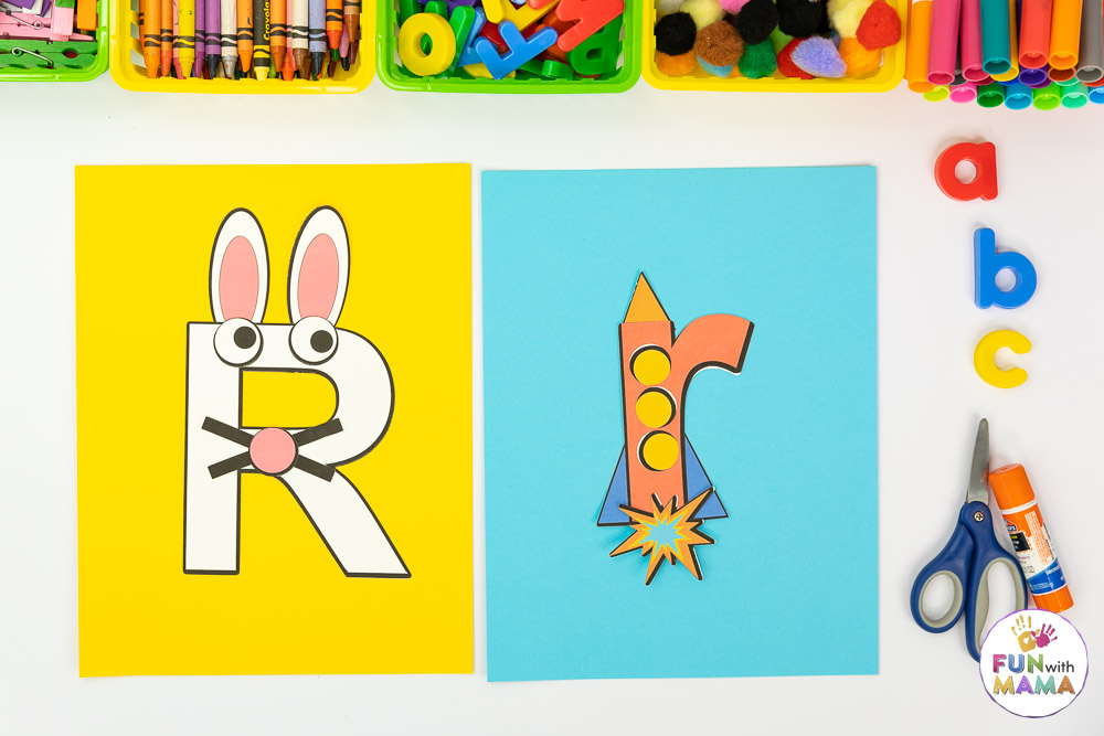 letter r craft showing a rocket and a rabbit