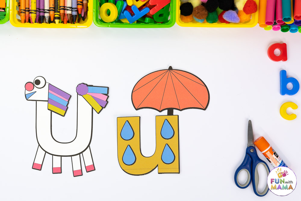 letter u crafts for an umbrella and unicorn