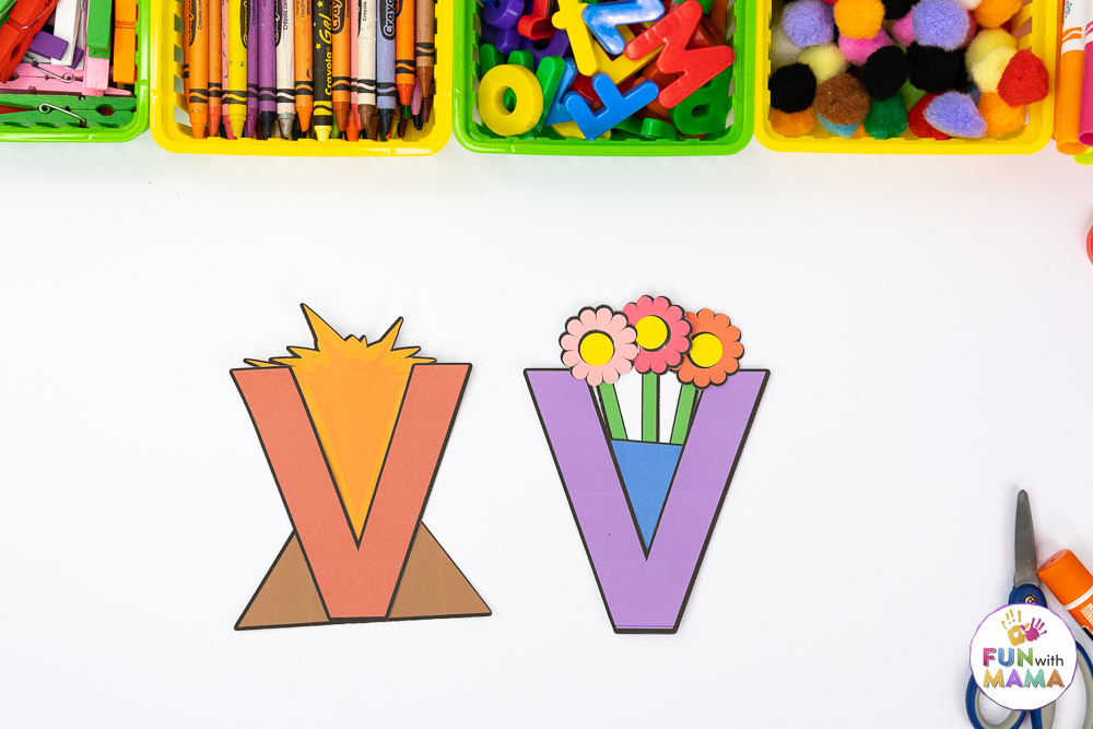 letter v crafts showing a vase and volcano