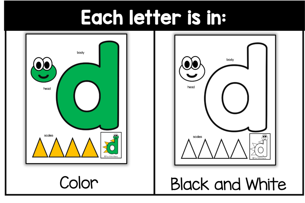 showing each letter is printed in color and black and white