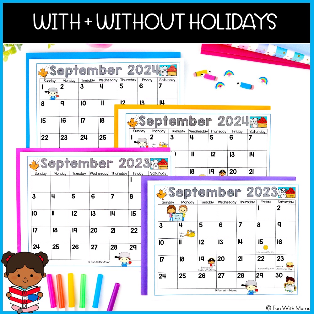 kids calendar with holidays and without