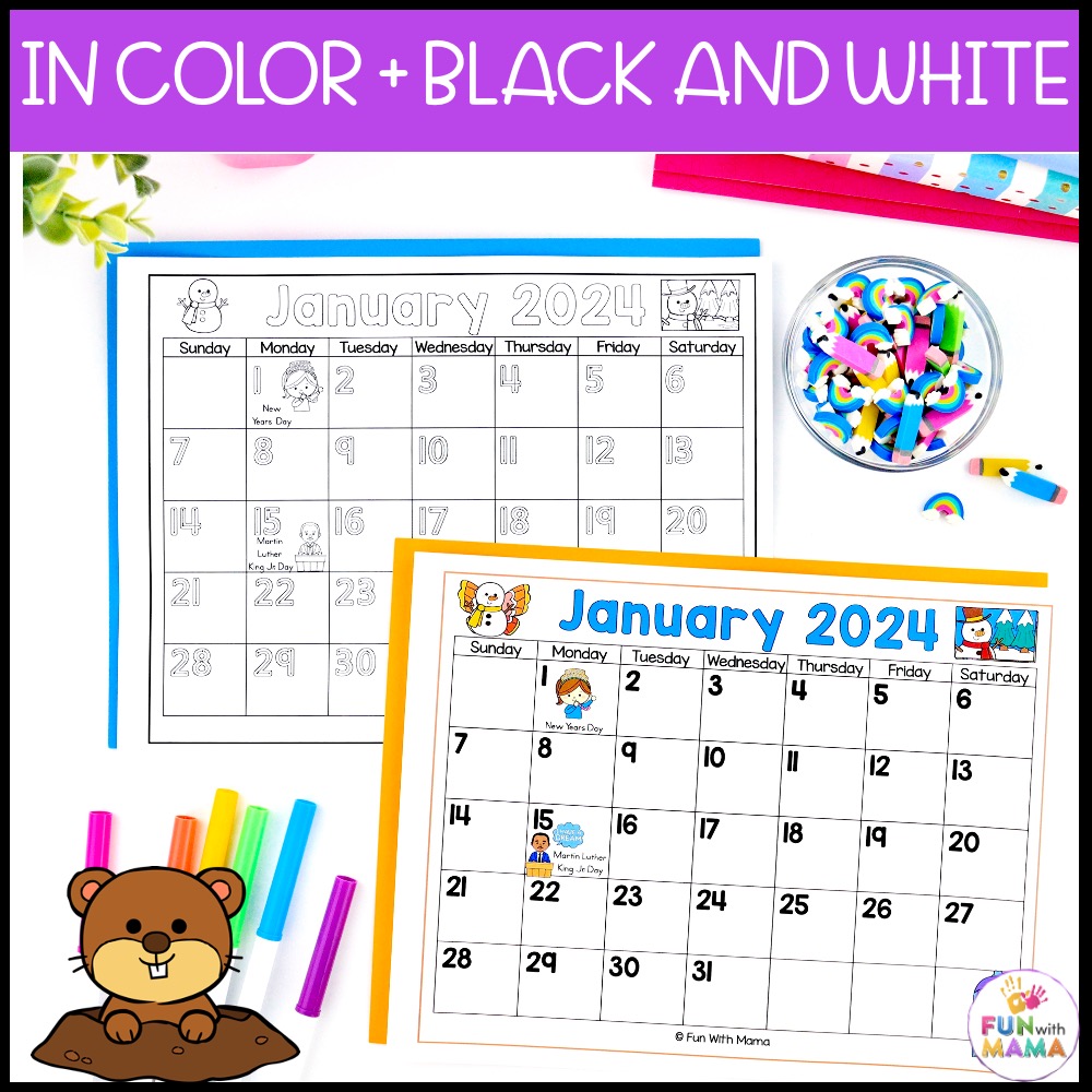 kids printable calendar in color and black and white