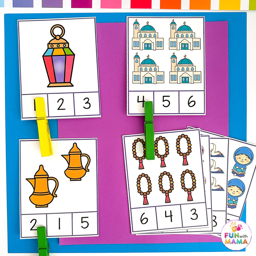 count and clip cards with ramadan objects
