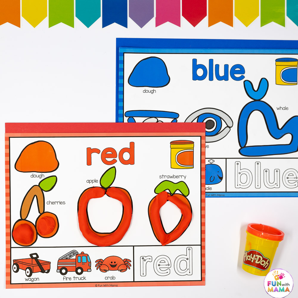 red and blue color themed play dough mats