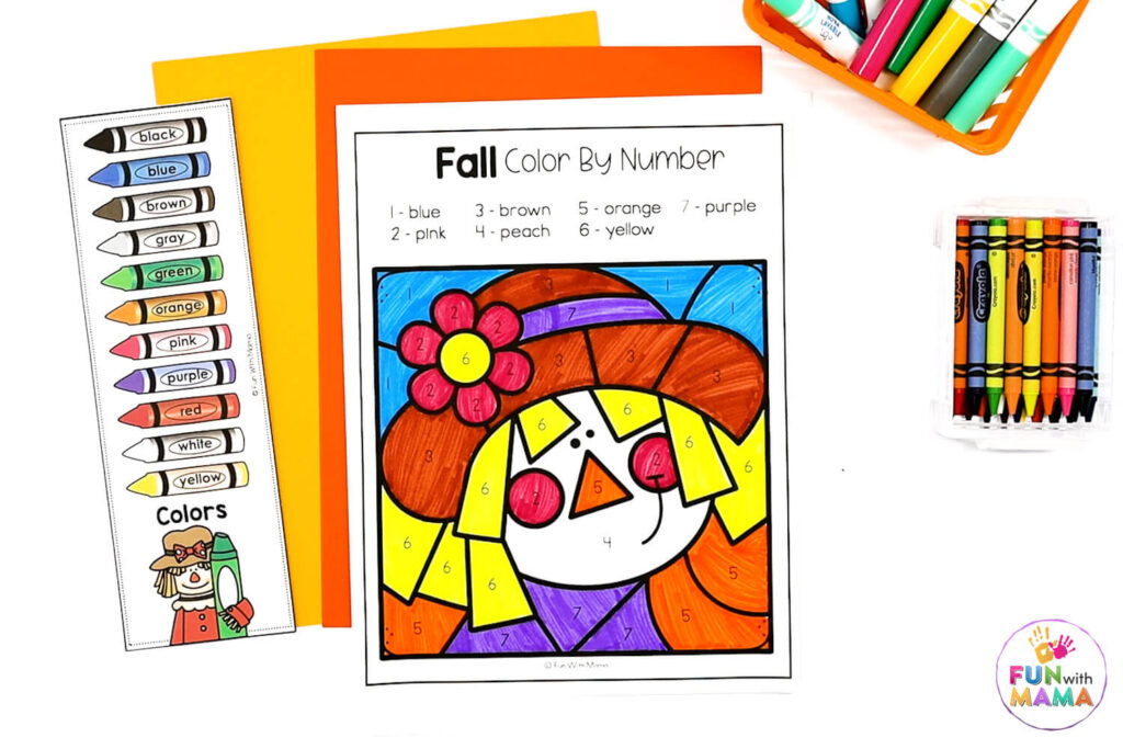fall color by number scarecrow coloring page