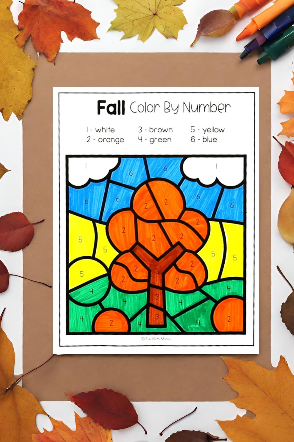 fall color by number coloring pages with a fall tree