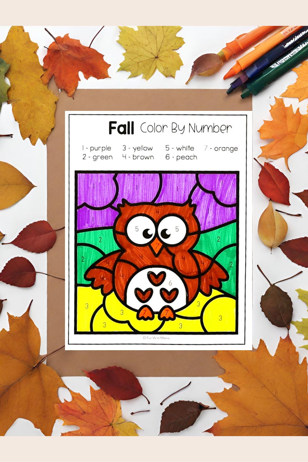 fall color by number owl coloring page