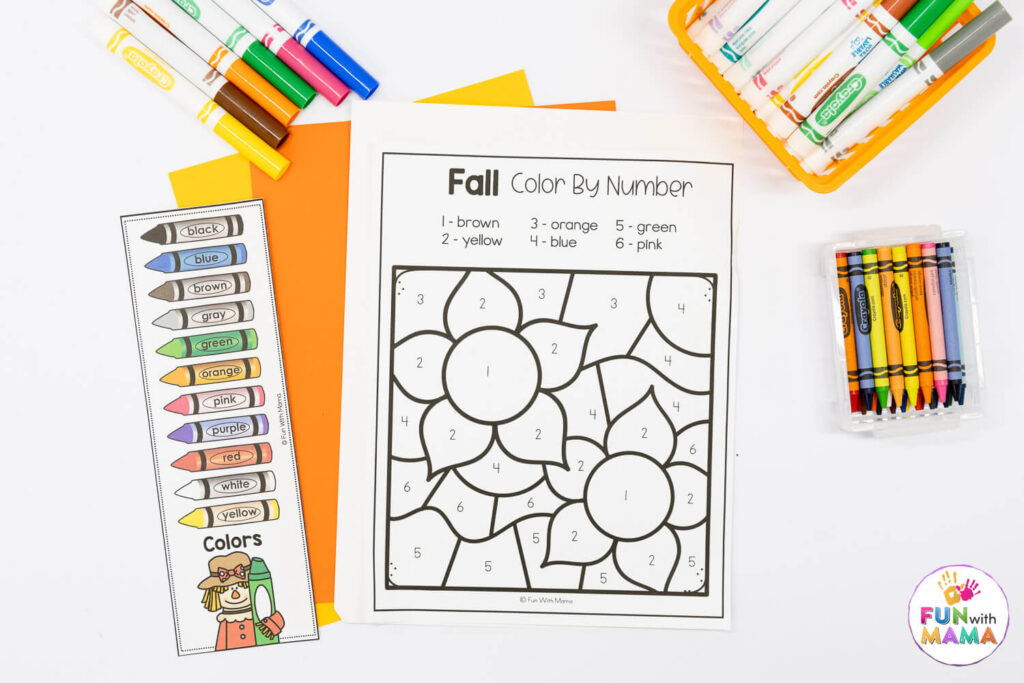 fall color by number printables with markers and crayons