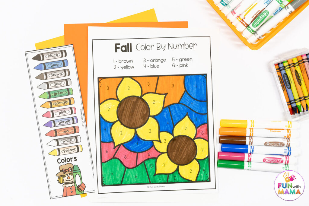fall color by number sunflowers coloring page