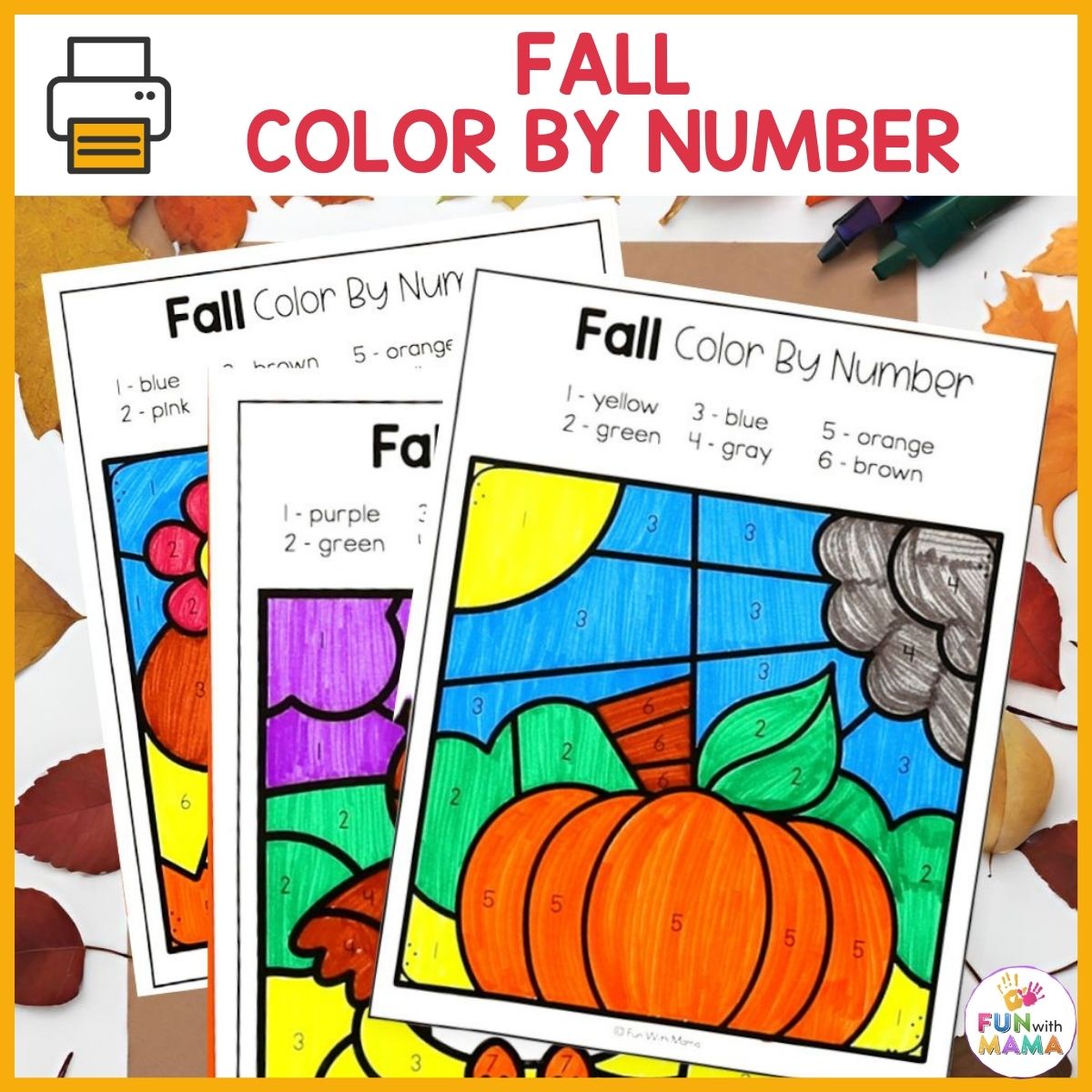 Fall color by number free printable pages