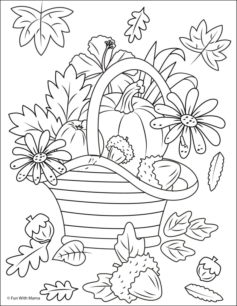fall coloring page that includes a basket, leaves and acorns