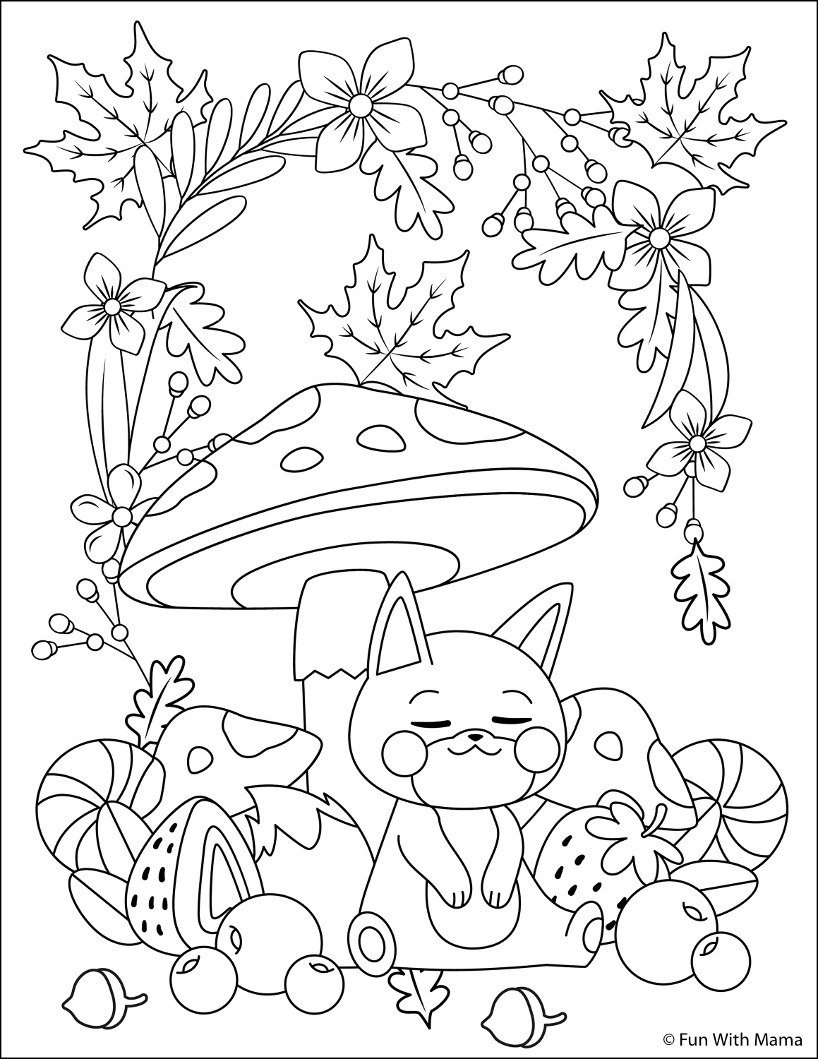 kitten fruit and fall themed coloring page