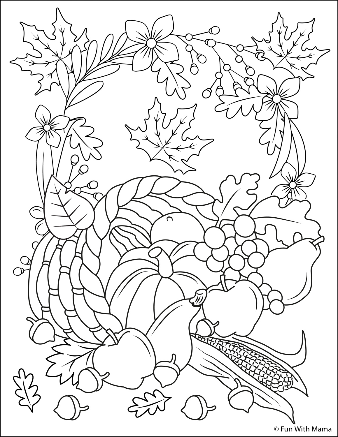 autumn coloring pages that include a vegetable medley