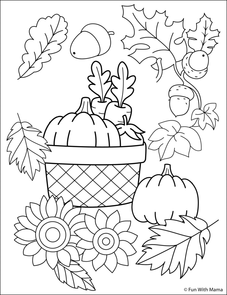 fall coloring page sheet that has pumpkins, carrots, leaves and acorns.