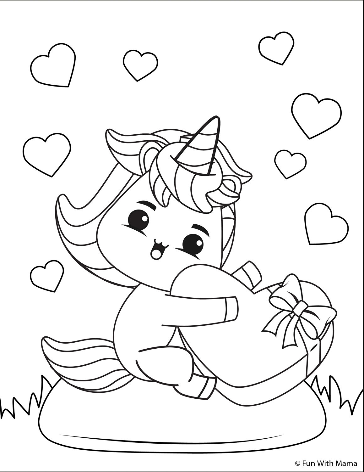 Baby unicorn coloring page with hearts