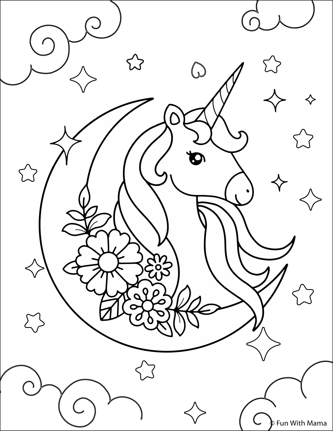 Unicorn Coloring Page Picture On The Moon
