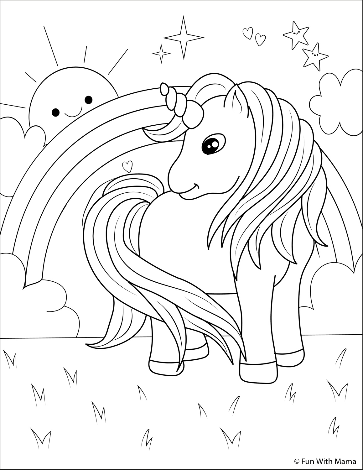 Rainbow unicorn mane coloring page