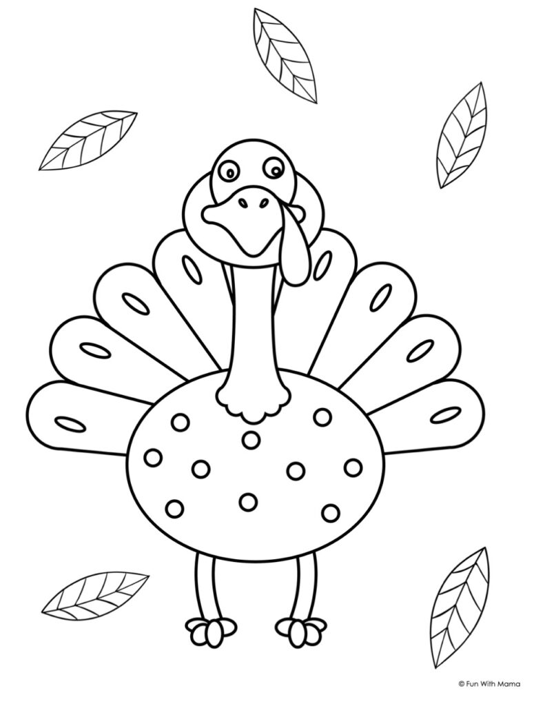turkey coloring page black and white with leaves