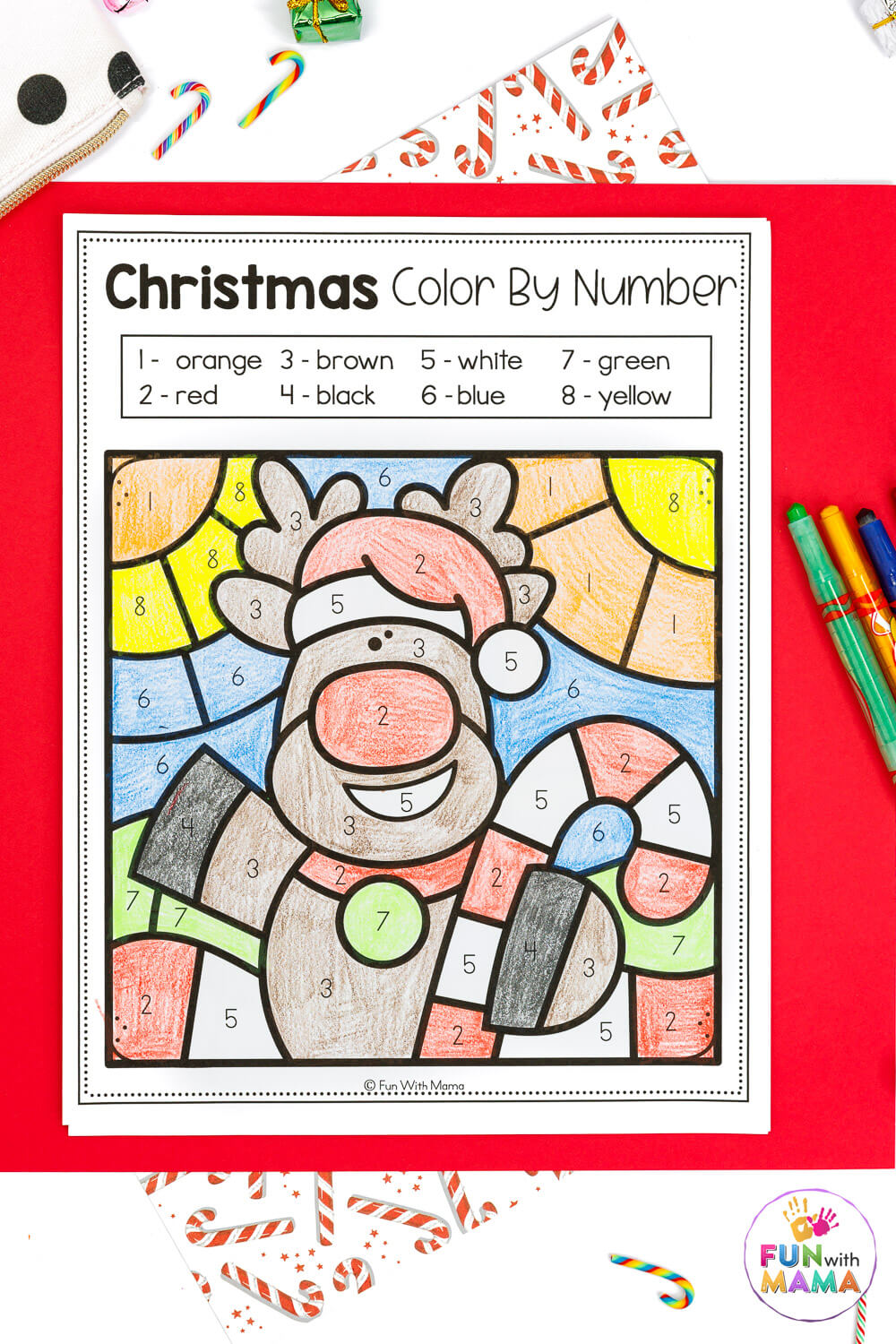 Color by number Christmas coloring sheet reindeer