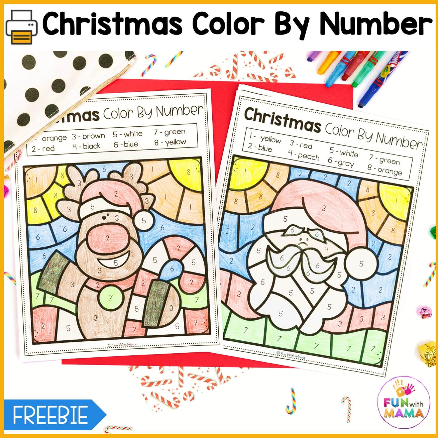 Color by number christmas pages colored in Santa and reindeer