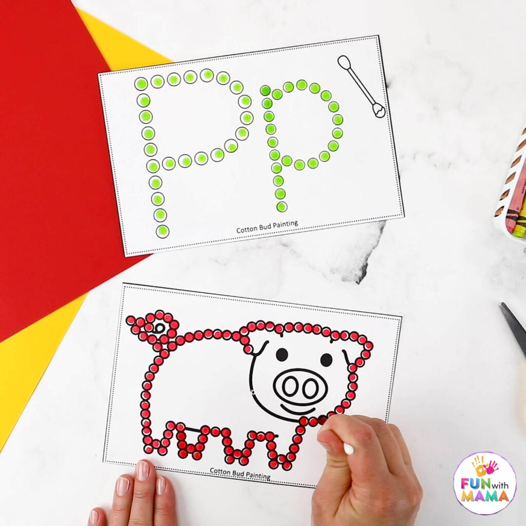 Three little pigs q-tip painting activity for the letter p and pig.