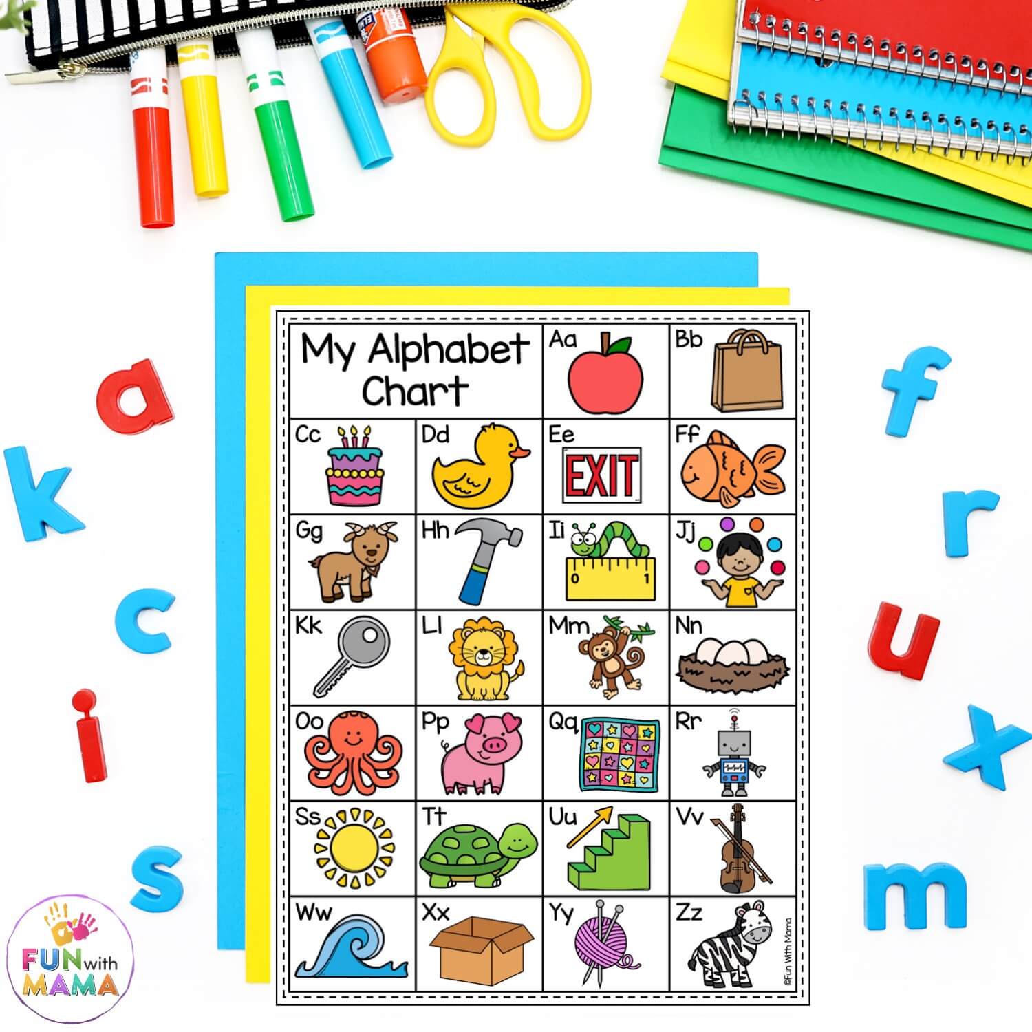 A colorful alphabet chart with uppercase and lower case letters and  doodled illustrations