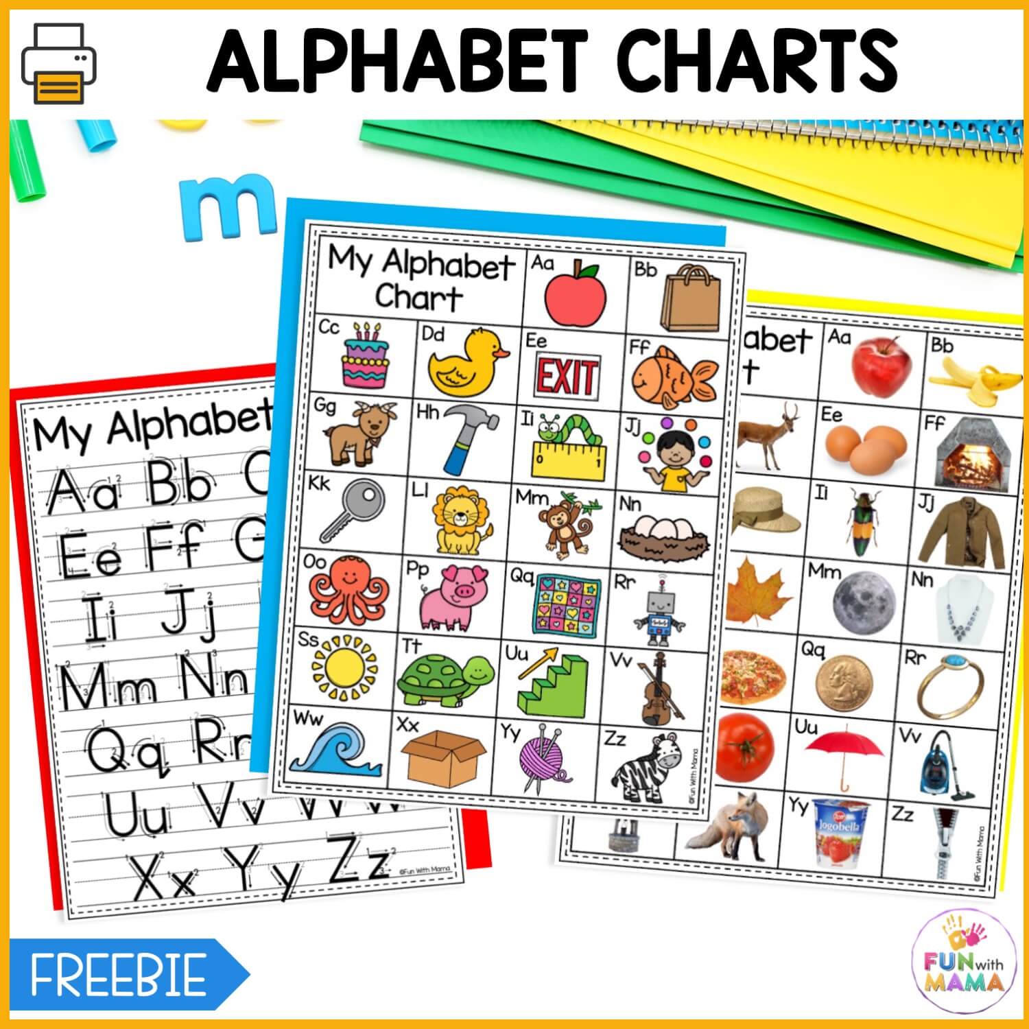 Alphabet chart pinned image showing  2 alphabet charts and one alphabet tracing page