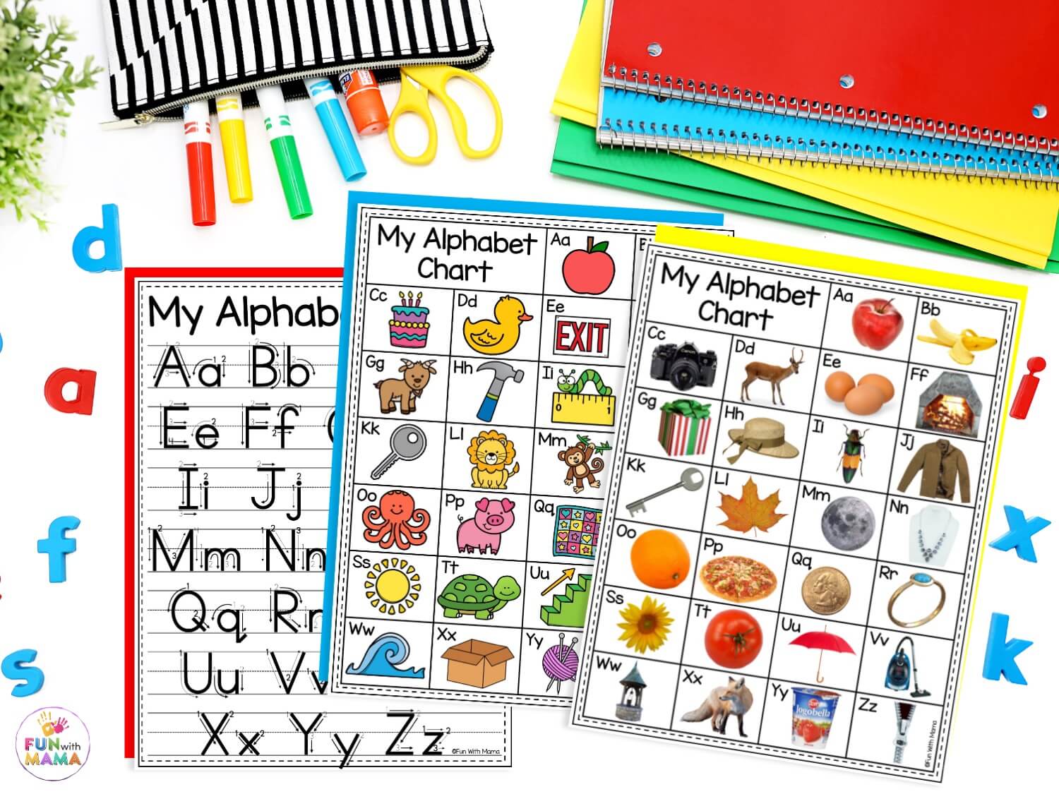 Layout of two colorful alphabet charts and a free tracing page