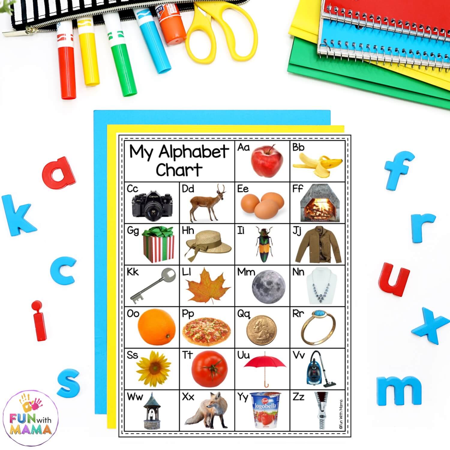 Alphabet chart with uppercase and lowercase letters and realistic images