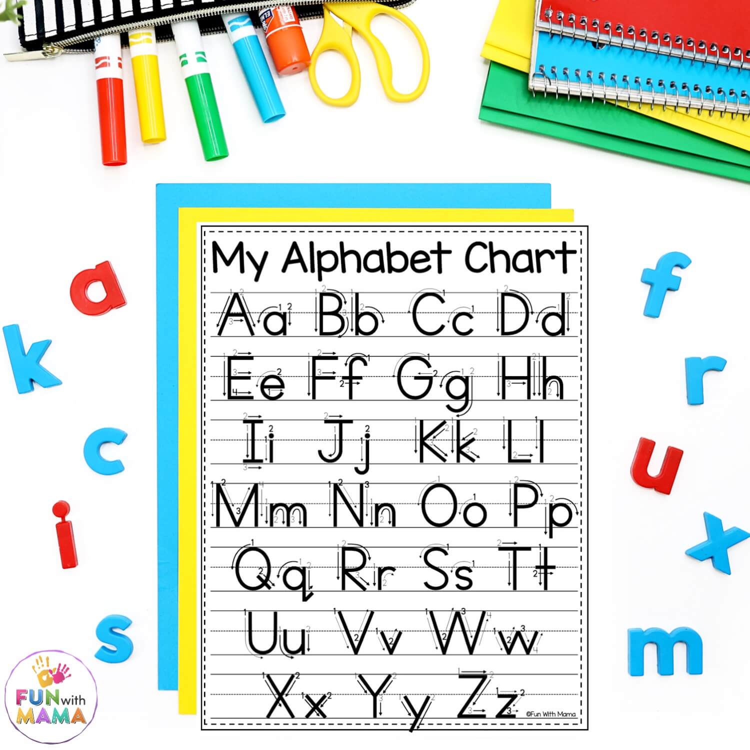 Alphabet tracing page of uppercase and lowercase letters with arrow directives