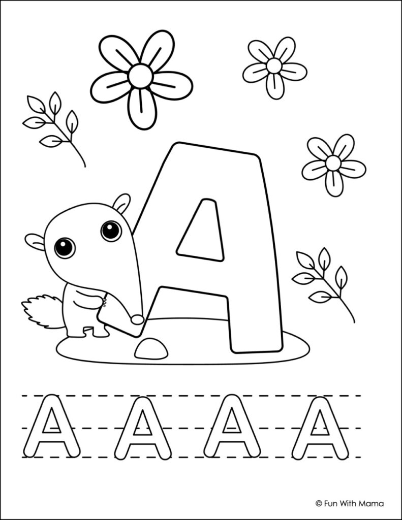 letter a coloring page with an antelope, flowers and line markings