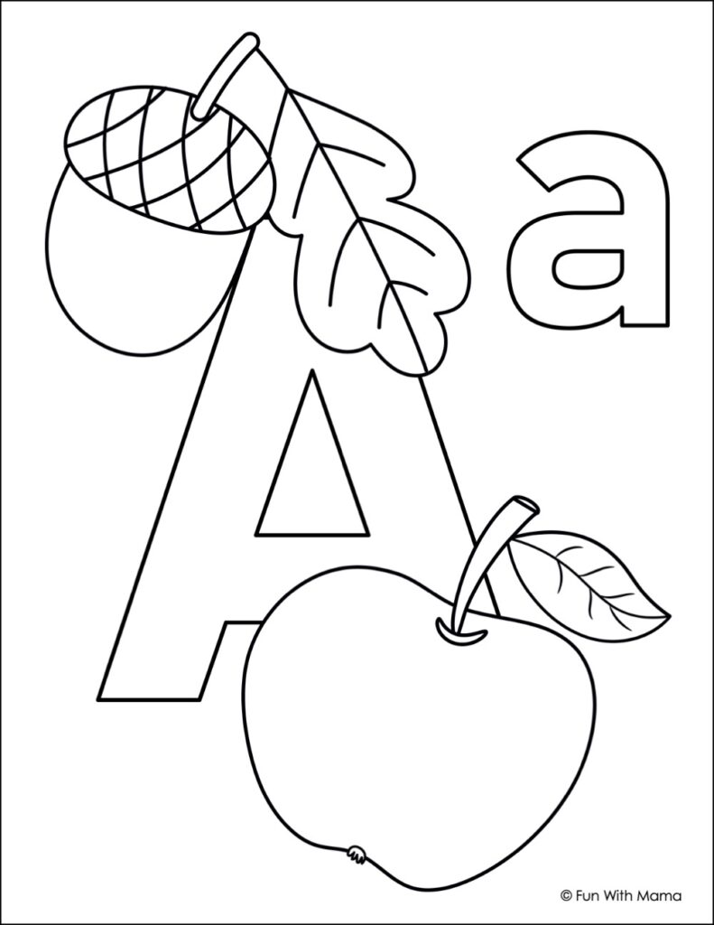 LETTER a coloring page with acorn and apple and a leaf