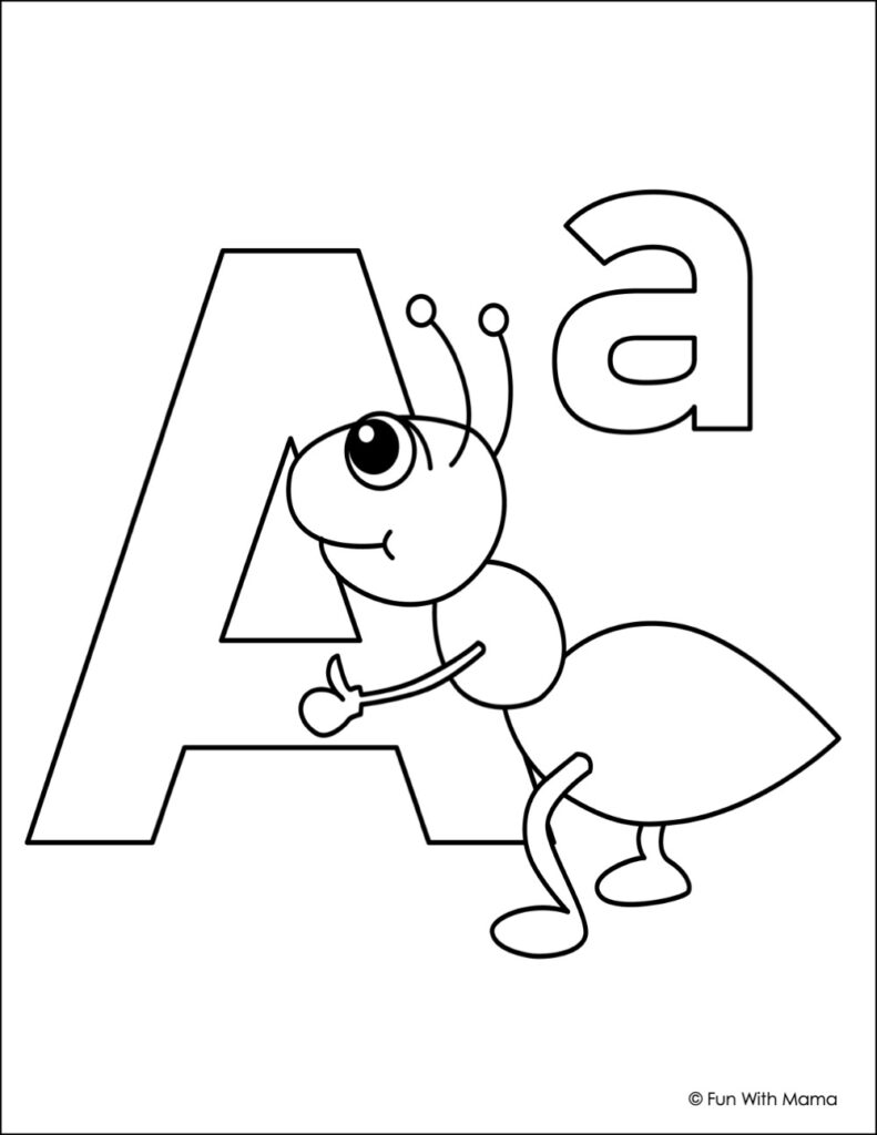 letter a coloring page with an ant hugging letter A