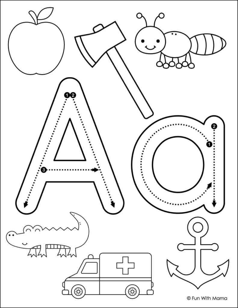 letter a coloring and tracing page with an alligator, anchor, ambulance, ant and apple
