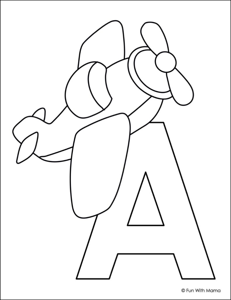 letter a coloring page with an aeroplane on top of letter a 