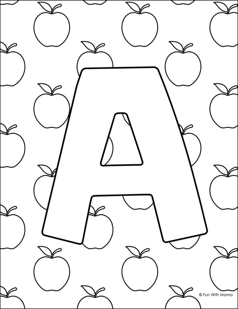 letter a coloring page with apples in the background