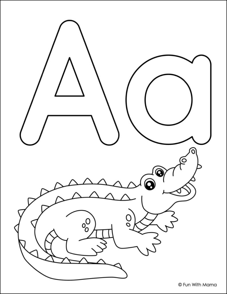 uppercase and lowercase letter a coloring page with an alligator illutstration