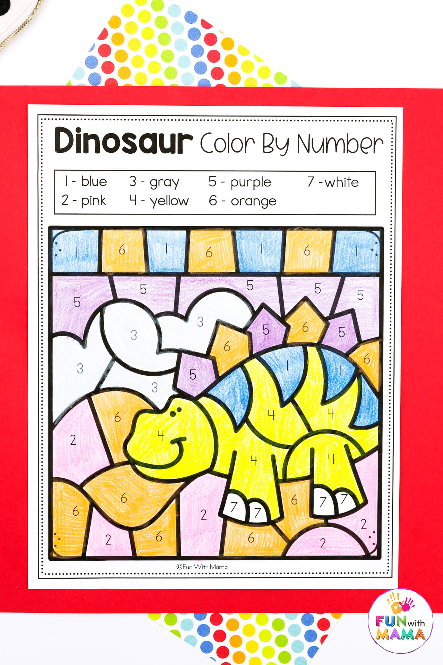 color by number dinosaurs worksheet filled in with 7 different pastels