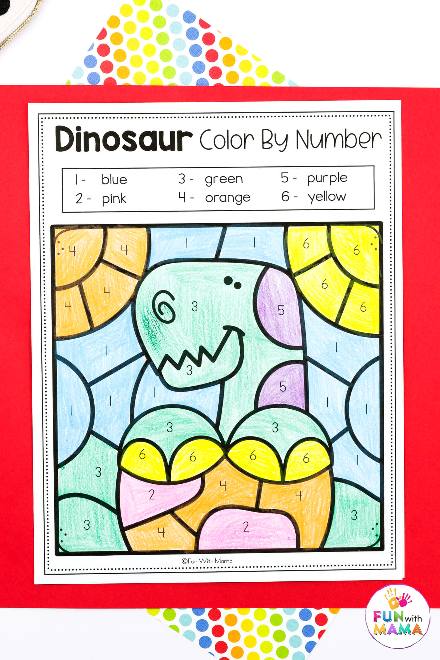 dinosaur color by number filled in with 6 different crayon colors