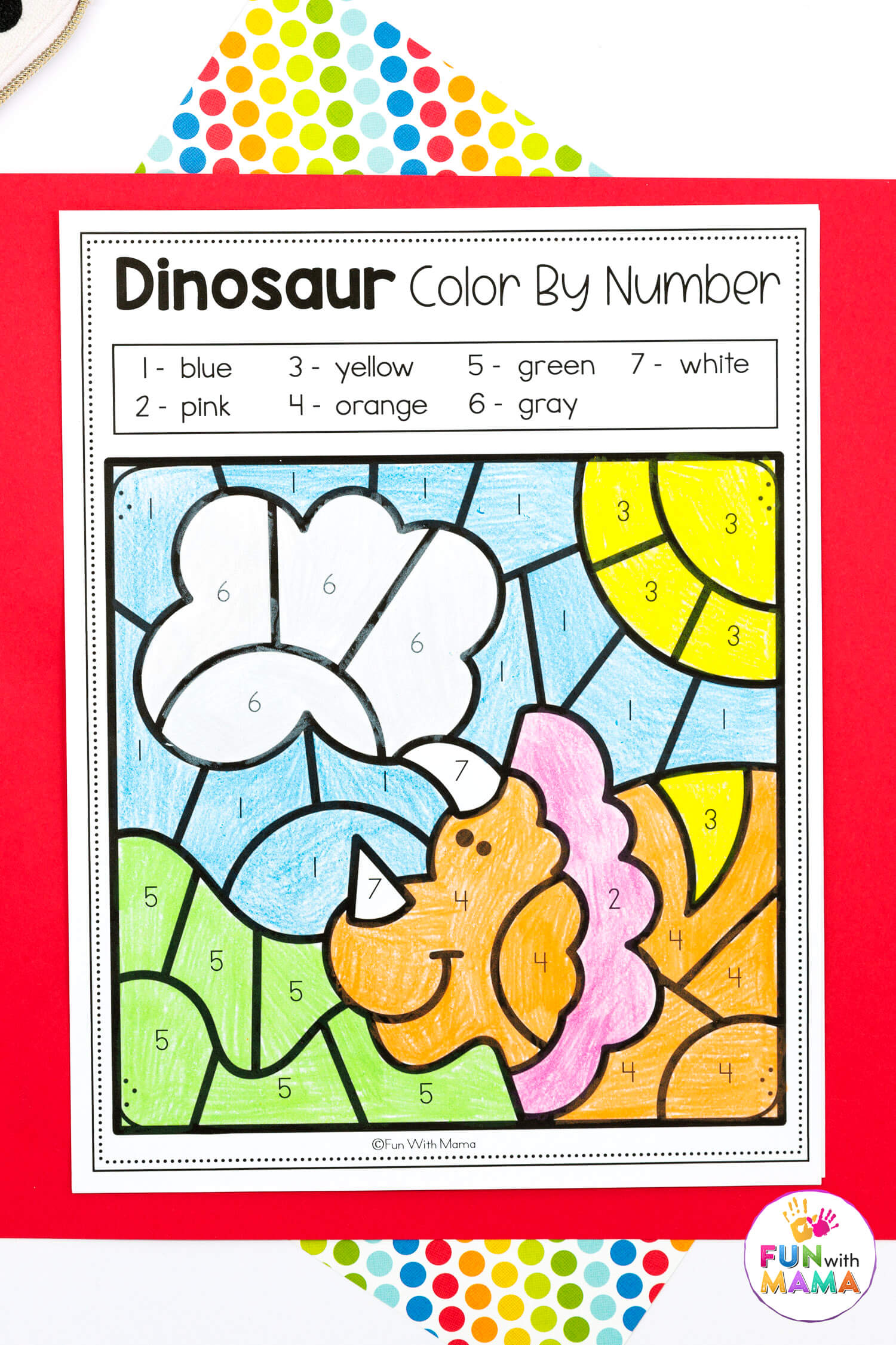 triceratops dinosaur color by number colored in with 7 crayons