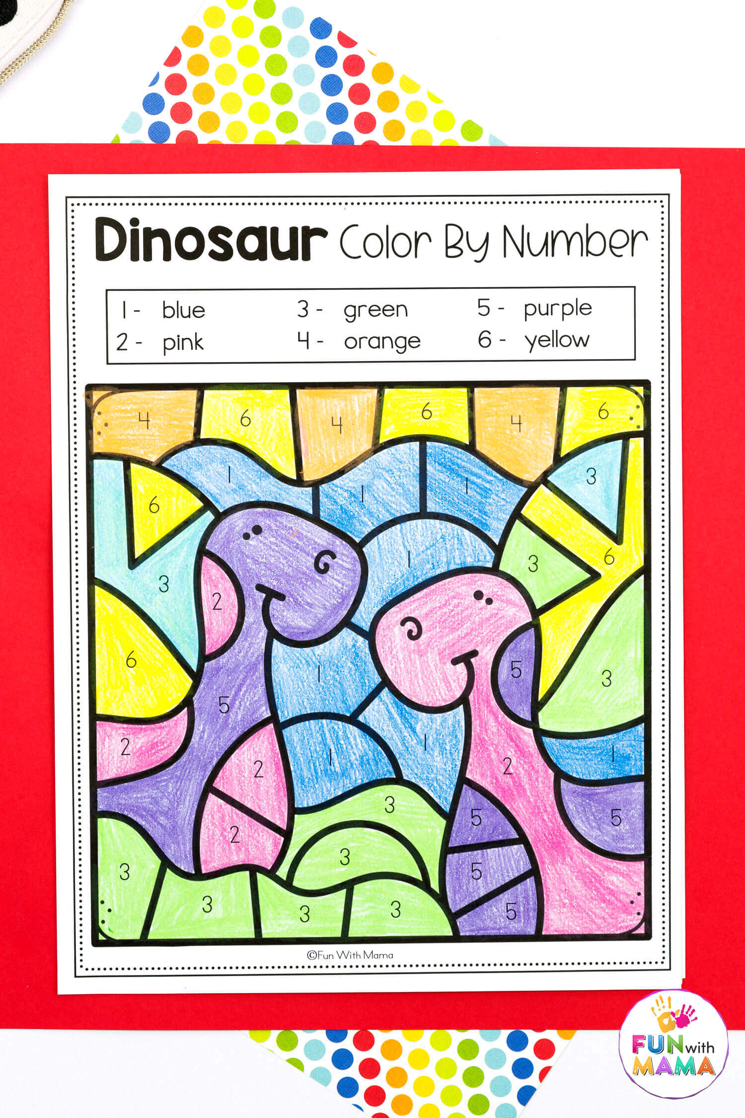 2 t-rex dinosaurs colored in wth 6 different pencil colors