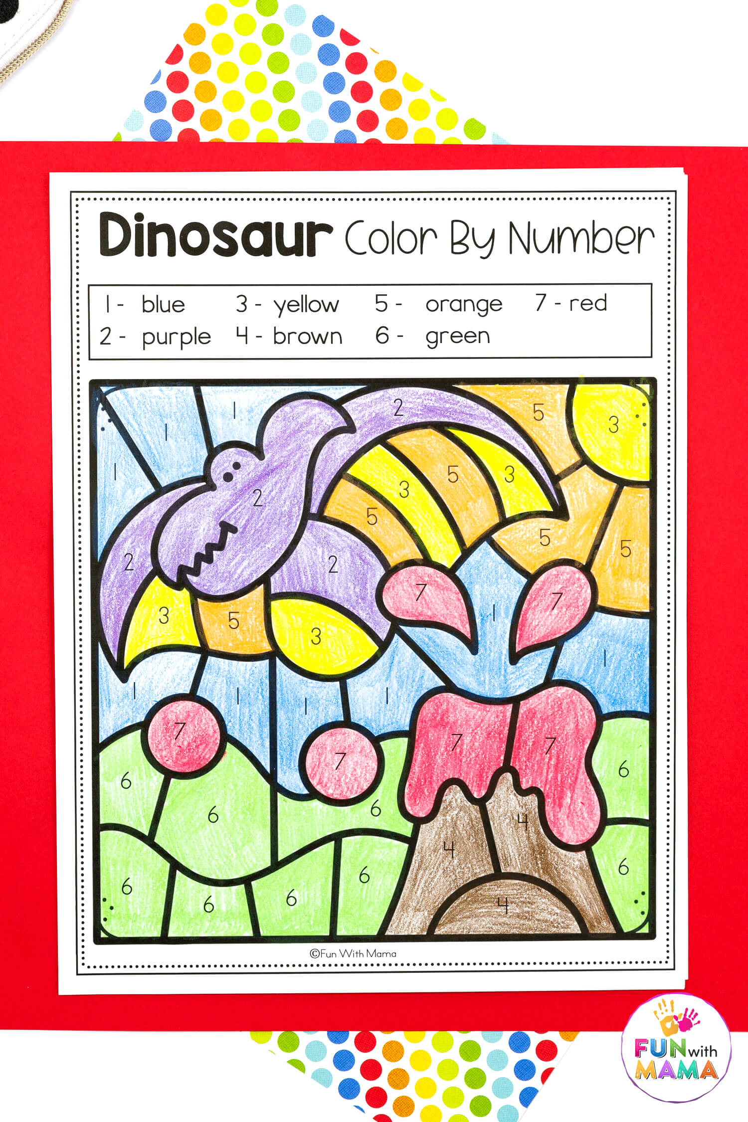 color by number with dinosaurs, filled in with purple,blue,red, green, orange, yellow and brown 
