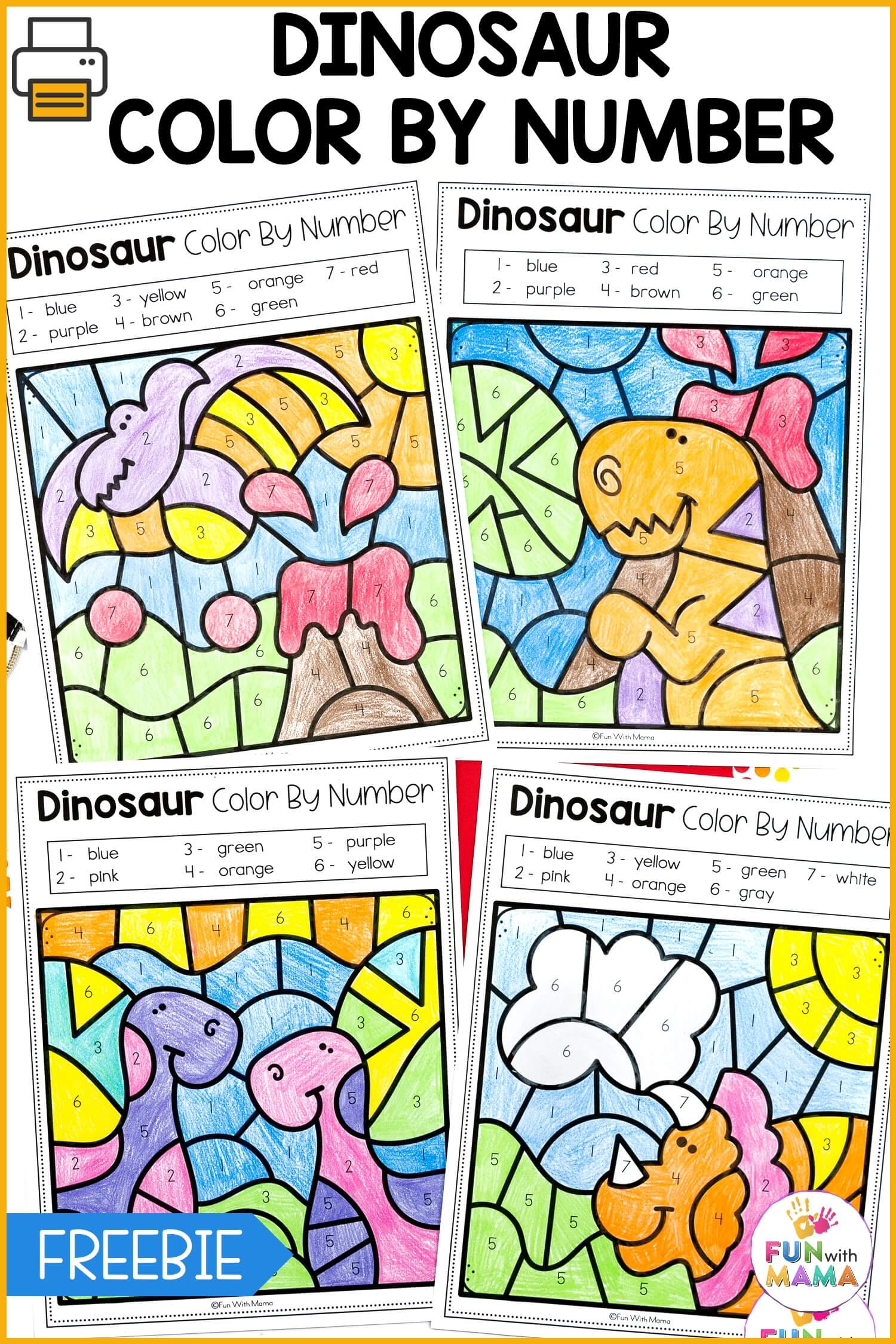 dinosaur color by number pinned image with 4 colored in examples