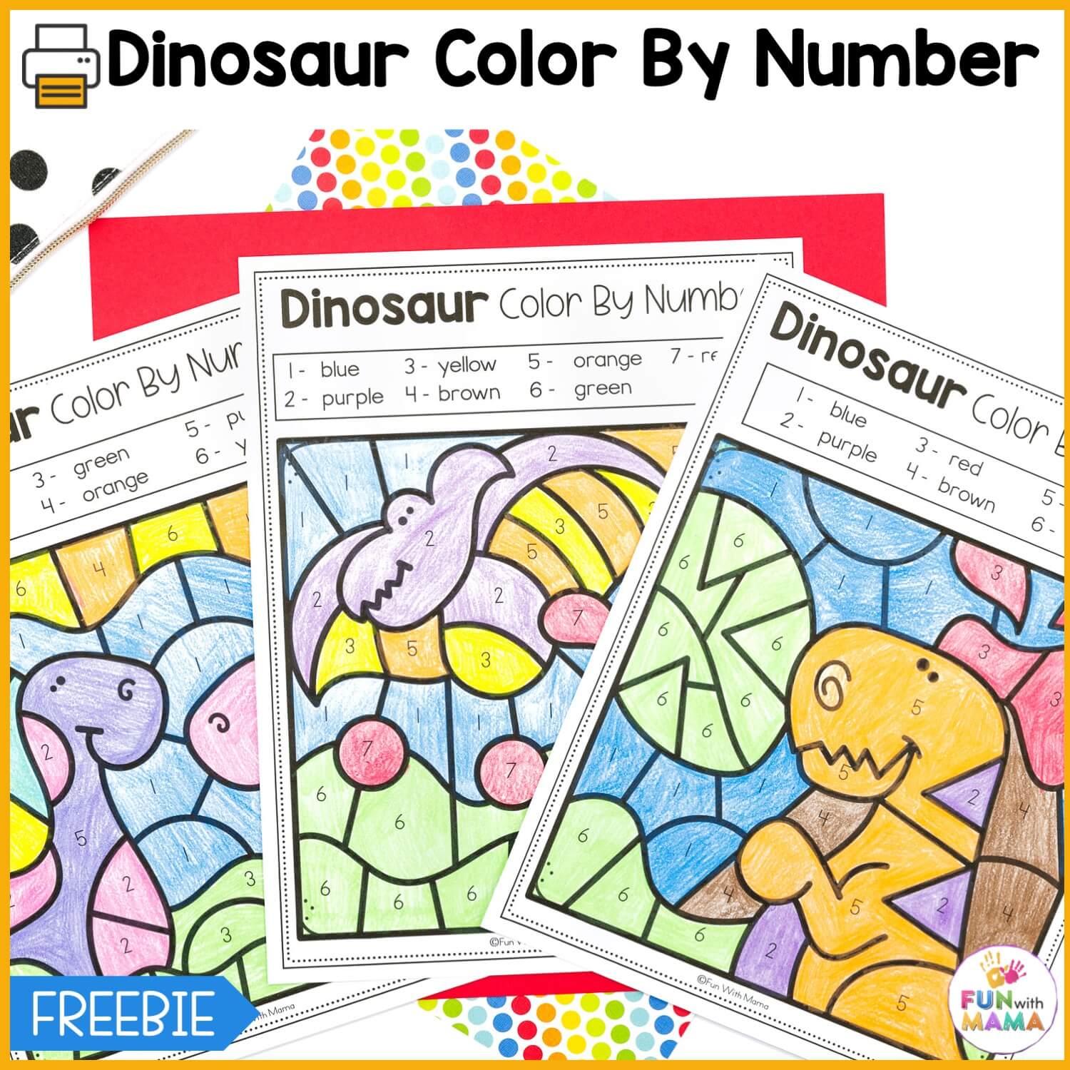 dinosaur color by number cover page with 3 worksheets
